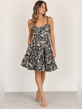 Sam Edelman Black and Cream Floral Fit-and-Flare Mini Dress